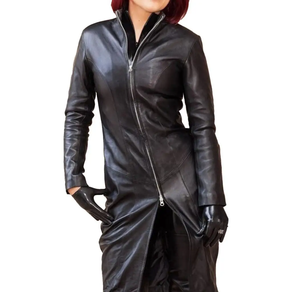 Black Zipper Up Real Leather Dress Coat